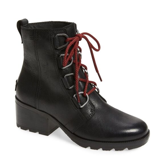 Sorel Shoes - Sorel Suede Black + Red Cate Heeled Waterproof Chunky Block Heel Boots